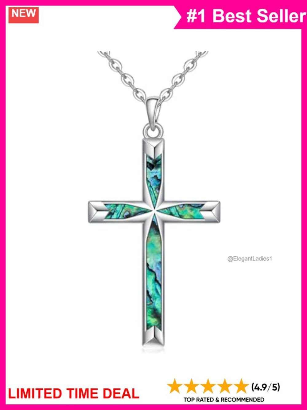Sterling Silver Abalone Cross Pendant Necklace 20 Inch